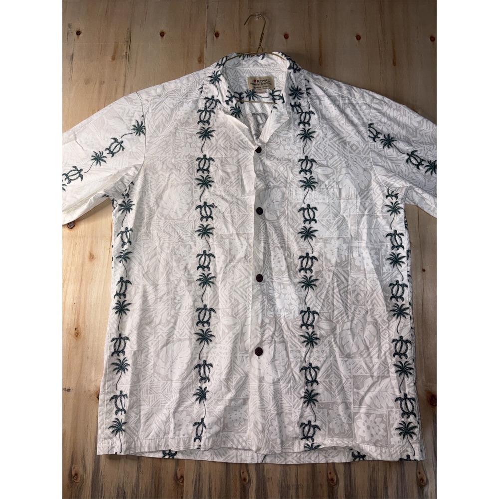 Royal Hawaiian Creations Short Sleeve Turtle Palm Shirt Size L White Green